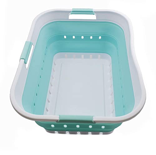 SAMMART 42L (11 gallon) Collapsible Plastic Laundry Basket - Foldable Pop Up Storage Container/Organizer - Space Saving Hamper/Basket (1, White/Lake Green) - color: White/Lake Green