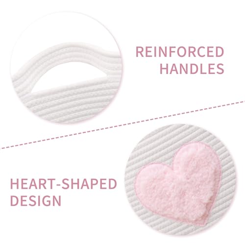 Large Cotton Rope Basket, Woven Storage Basket for Toy, Laundry and Blanket Organizer Basket, Round Hamper Basket with Handles for Kid's Room 17.7"x16.9" (Pink Heart) - color: pink, style: Cottage