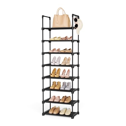 LANTEFUL Tall Shoe Rack 8 Tiers, 16-20 Pairs Shoe and Boots Organizer Storage Sturdy Shoe Shelf, Narrow Vertical Shoe Rack for Entryway, Closet, Metal Shoe Organizer with 5 Hooks - color: Black, size: 8 Tier-54.4" High-17" Wide