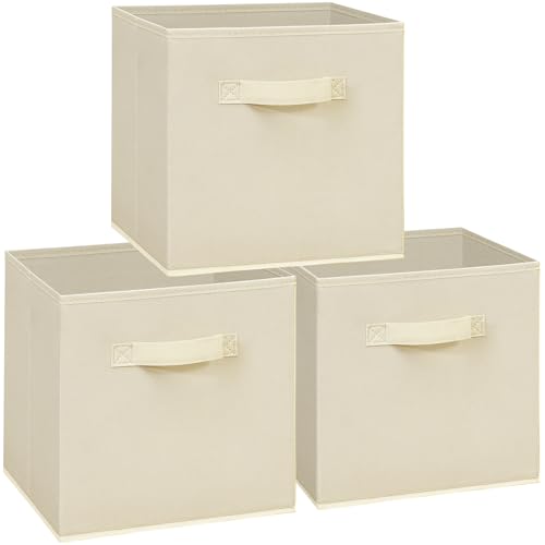 11x11 Storage Bins, Set of 3 Storage Cubes, Collapsible Cube Storage Box, Fabric Closet Organizers with Handles for Home, Office, Closet Shelf Cabinet, Bookcase, Beige - color: Beige, size: 3 Pack