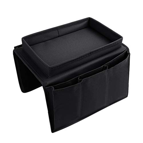 Sofa Armrest Organizer with Cup Holder Tray Chair Arm TV Remote Holder for Recliner Couch Armchair Caddy Bedside Storage Pockets Bag for Cellphone Tablet Book Magazines Drinks Pouch - color: Black, with Top Tray