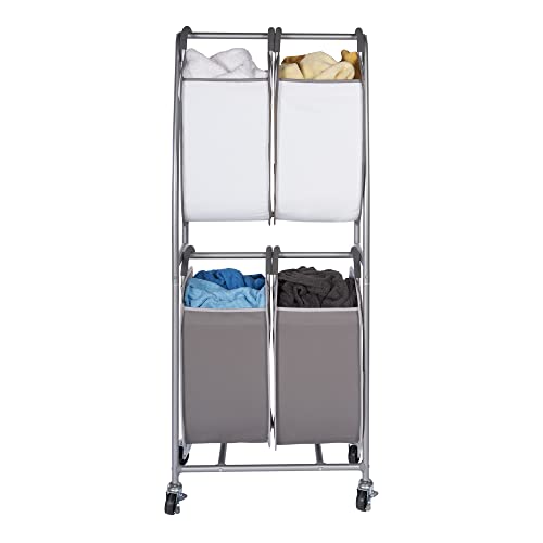 Neatfreak - 2 Tier Vertical Rolling Laundry Cart - Rolling Storage Cart On Wheels With 4 x Tote Hampers For Laundry, Towels, Blankets & Bathroom Organization - Quad Laundry Sorter