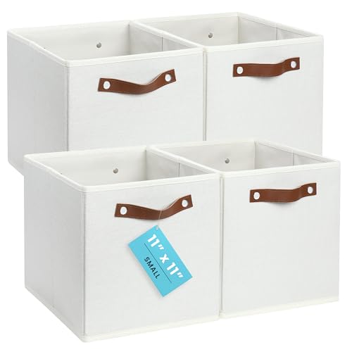OrganiHaus 11" x 11" x 11" Fabric Cubes Storage Bins Set of 4, Foldable Collapsible Fabric Storage Bins for Organizer, Toy Organizer for Kallax, 11 Inch Linen Cube Shelf Baskets - White - color: Off-White, size: (11x11) Leather Handles