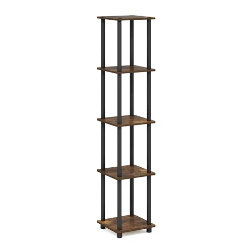 Furinno Turn-N-Tube Storage Shelves, 5-Tier Square Book Shelf, Corner Shelf, Toolless Open Shelves, Round Tubes, for Organization and Storage, Living Room, Garage, Home Office, Amber Pine - color: Amber Pine/Black, size: 5-Tier Round Tube