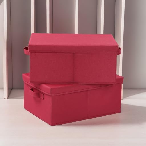 HOONEX Storage Bins with Lids for Organizing, Pack of 2, Storage Boxes with 2 Carrying Handles and Sturdy Heavy Cardboard, 16.5" L x 11.8" W x 7.5" H for Shoes, Books, Clothes, Red - color: Red