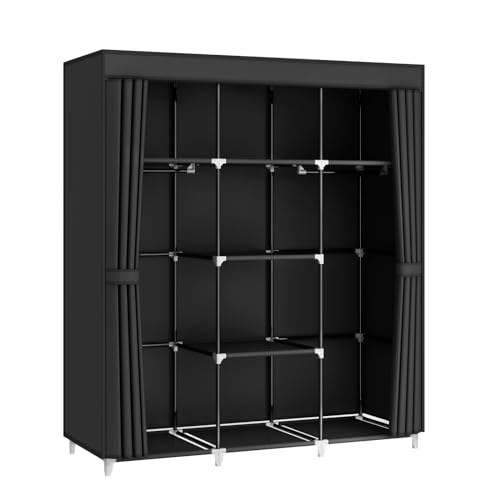 MOGELAFOO Portable Closet Wardrobe, 51-Inch Clothes Organizer with 2 Hanging Rods and 8 Shelves, Non-Woven Fabric Cover, Medium Capacity Storage for Bedroom and Living Room, Black - color: Black, size: 51"W x 18"D x 66"H