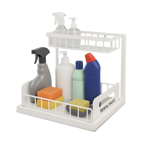 MORTALHARTS Under Sink Organizer – 1 Pack 2-Tier Sliding Storage Rack – Pull-Out Cabinet Organizer with Adjustable Metal Shelf, L-Shaped Design for Kitchen, Bathroom & Laundry Cabinets - color: White