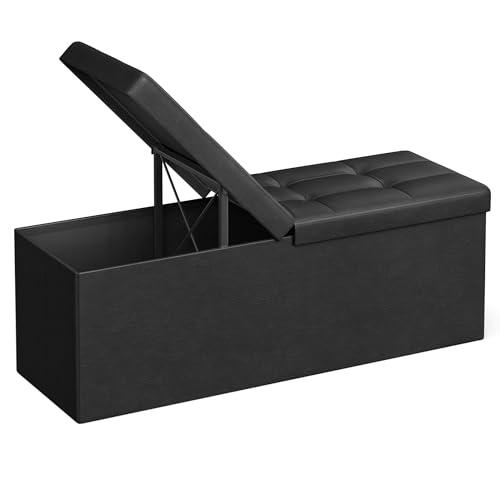 SONGMICS MAZIE Collection - 43 Inches Storage Ottoman Bench with Flipping Lid, Storage Chest with Iron Frame Support, Load 660 lb, for Living Room, Bedroom, Synthetic Leather, Black ULSF75BK - color: Black, size: 15"D x 43"W x 15"H