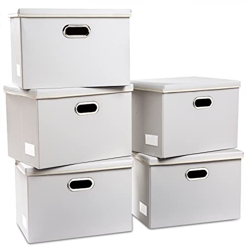 PRANDOM Large Stackable Storage Bins with Lids [5-Pack] Leather Fabric Foldable Storage Boxes Organizer Containers Baskets Cube with Cover for Bedroom Closet Office Nursery White (17.7x11.8x11.8) - color: White, size: Large(5-Pack)