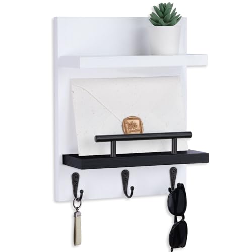 Key Holder Wall Mount, Key Holder With 2 Display Shelf, 3 Hooks for Key, Coat, Dog Leash, Key Hanger with Hook for Mail, Potted Plant, Farmhouse Mail Holder, Entry Way Organizer (White & Black) - color: White & Black