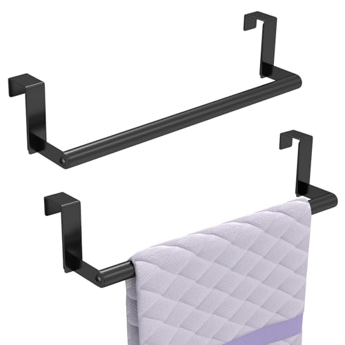 STWWO Over the Door Towel Rack, Kitchen Towel Holder Over Cabinet Door Towel Bar Stainless Steel for Cupboard for Kitchen Dish Towel Holder Hanger, 2 Pack (Black) - color: Black
