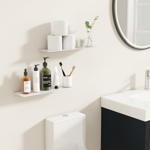 MKO 16" Floating Shelves for Wall, Metal Wall Mounted Shelf for Bathroom, Bedroom, Living Room, Kitchen, Hanging Shelves for Books/Storage/Room Decor 2 Packs, White - color: White, size: 16 IN