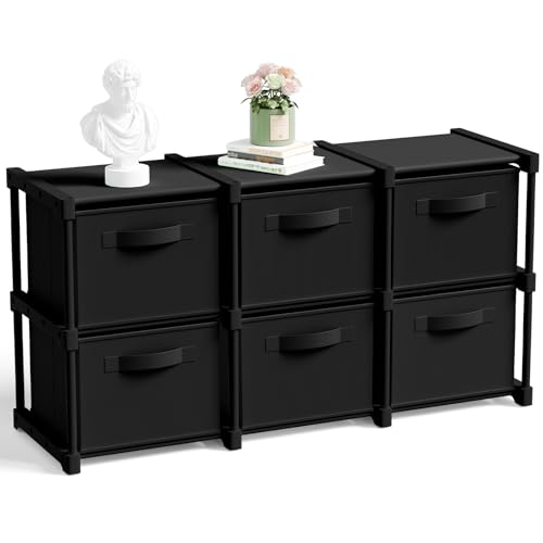 Thyle Large Cube Storage Organizer Shelf with 6 Bins 14 Inch Fabric Collapsible Cubby Storage Drawers Shelving Unit for Christmas Ornaments Clothes Toys Craft(Black,Minimalist) - color: Black, style: Minimalist