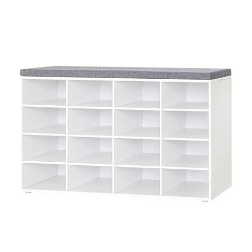 DINZI LVJ Shoe Storage Bench with Cushion, 16-Cubby Shoe Rack, Adjustable Shelves, Multifunctional Shoe Organizer Bench for Entryway, Mudroom, Hallway, Living Room, Bedroom and Garage, White - color: White, size: 16 Cubby