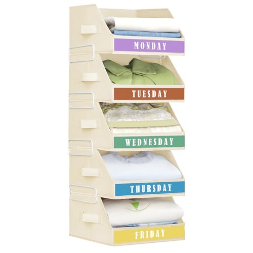 Homsorout Closet Organizers and Storage - 5 Tier Shelf Organizer with Weekly Labels, Stackable Storage Bins with Metal Frame, Foldable Cube Bins, Home Baskets for Kids and Adults, Beige - color: Beige