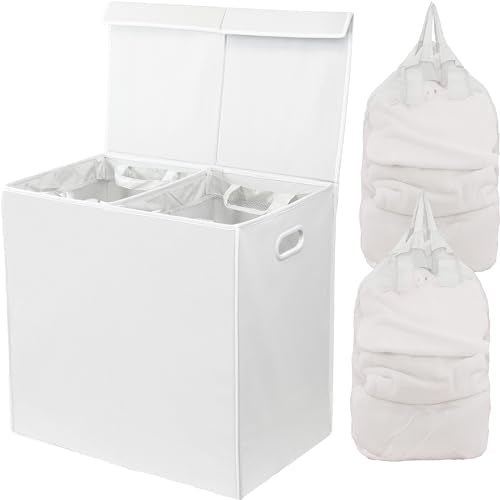 Simple Houseware Double Laundry Hamper with Lid and Removable Bags, White - color: White