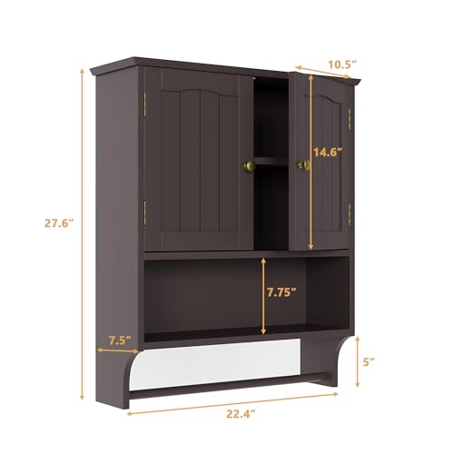 Bathroom Cabinet, Bathroom Wall Cabinet with 2 Doors and Adjustable Shelf, Wooden Medicine Cabinets Wall Mount, Over The Toilet Storage - color: Bathroom Wall Cabinet With Towel Rack-brown