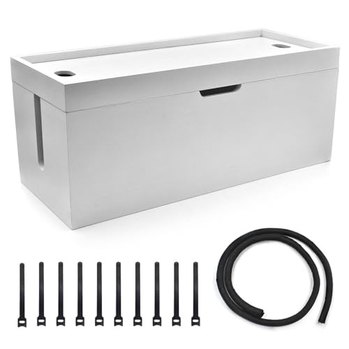 15 inch Bamboo Large Cable Management Box, Organizer Cord Box Hider - Power Strip Hider Cable Storage for Office, TV Wires, Desk Cord Organizer, No Assembley Required, Bamboo (White) - color: White