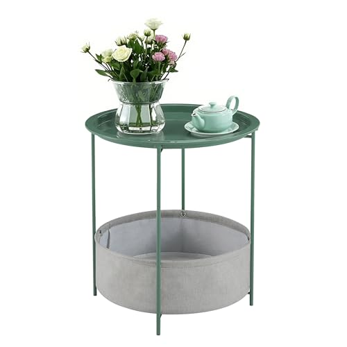 VECELO Round Side/End Table with Fabric Storage Basket，Metal Anti-Rust and Waterproof Small Bedside Nightstand with Removable Tray Top for Living Room，Balcony & Laundry，Dark Green /1pcs with Basket - color: Green, size: 1 PCS