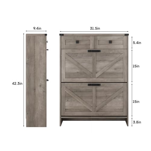 Halitaa Shoe Cabinet with 2 Flip Drawers & 2 Drawers,Farmhouse Shoe Storage Cabinet for Entryway,Slim Freestanding Narrow Organizer Rack for Front Door Entrance,Grey - color: Grey, style: 2-Drawers
