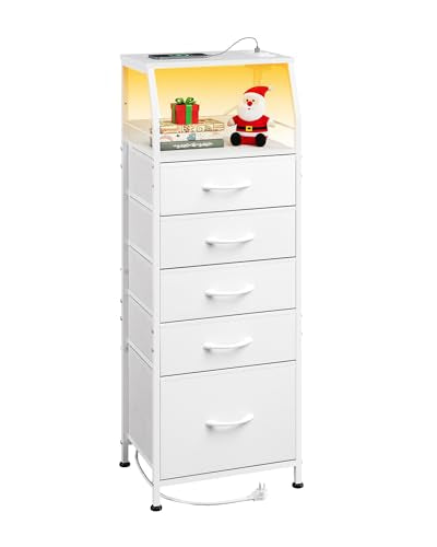 WLIVE LED Nightstand with Charging Station, White Dresser with 5 Fabric Drawers for Bedroom, Tall Night Stand with Open Shelves, Bed Side Tables Living Room - color: White, size: 5 Drawers