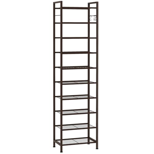 usikey 10 Tiers Narrow Shoe Rack 20-30 Pairs, Sturdy Metal Tall Shoe Rack Shelf with 4 Hooks, Slim Shoe Storage with Metal Shelf, Space Saving Vertical Shoe Organizer for Entryway Bronze UNYXJX018A - color: 10 Tier ( 17.9 X 11 X 69.2 Inches)-bronze