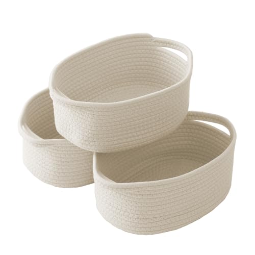 JMvicyroam Woven Basket,Small Rope Storage Bin with Handles & Ribbon Bag, Organizer for Shelves Closets,Gift Basket Empty for Birthday,Books,Dog Toys,White/3 Pack - color: White, size: 3 Pack
