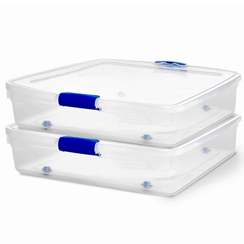 HOMZ 2-Pack Under Bed Storage, Clear Plastic Containers with Lids, 56 Quart, Blue Latch - Stackable Underbed Organizer Bins for Shoes, Bags, Clothes, and Towels - color: Blue, size: 56 Quart
