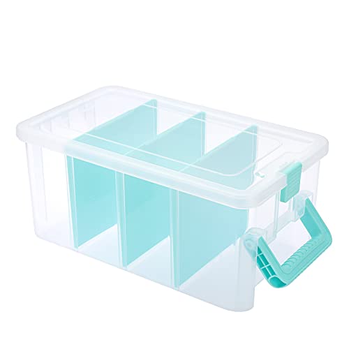 BTSKY Clear Plastic Dividing Storage Box with 4 Deep Compartments Adjustable Storage Bin with Lid Portable Craft Storage Container Multipurpose Sewing Box Art Supply Organizer, 13.9x7.9x6.2 Inches - size: 13.9x7.9x6.2 Inches-Clear