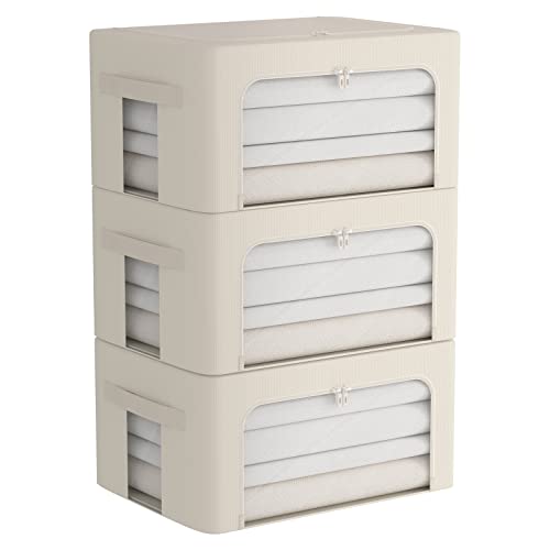 CYhom 3Pack Frame Storage Box - Clothes Storage Bin Bags Oxford Fabric Foldable Stackable Container Organizer Set with Clear Window & Carry Handles (Beige, Medium-44L) - color: Beige, size: Medium-44L