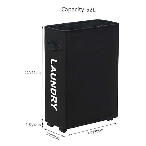 ZERO JET LAG Slim Rolling Laundry Hamper - Roll Hamper On Wheels - Standable Corner Bin - 52L Handy Storage Basket - Slim Laundry Basket - Waterproof Dirty Clothes Hamper - 15×8×22" (22 Inches, Black) - color: Black (With Wheels)