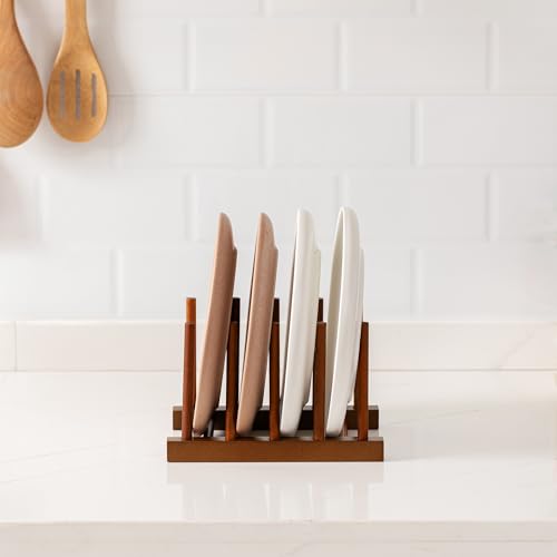 HBlife 2pcs Teak Dish Plate Bowl Cup Book Pot Lid Cutting Board Drying Rack Stand Drainer Storage Holder Organizer Kitchen Cabinet（Keep Dry） - color: Teak 4 Slots 2pcs