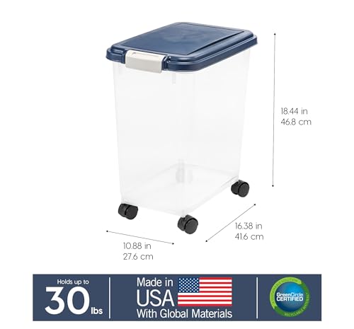 IRIS USA Airtight Dog Food Storage Container, Up to 30 lbs, Attachable Wheels, for Dog Cat Bird and other Pet Food Storage Bin, Keep Fresh, Easy Mobility, BPA Free, Navy - color: Navy, size: 30 lbs