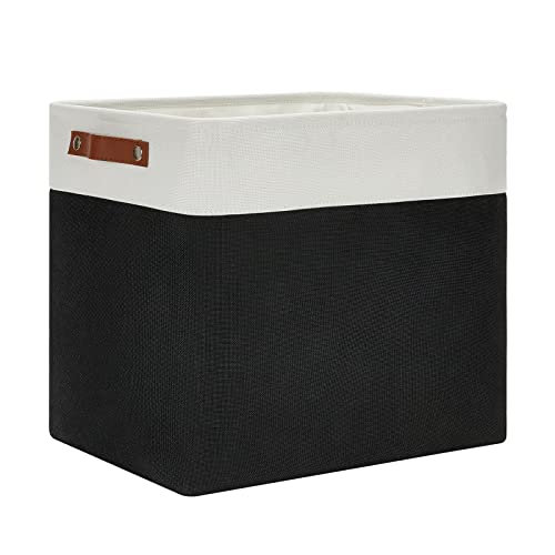 DULLEMELO Large Fabric Basket for Organizing, 17"x12"x15" Storage Basket With Leather Handles, Collapsible Storage Bin for Clothes, Toys, Books, Office, Bedroom, Closet, Nursery&Laundry (White&Black) - color: White&Black, size: Large-17"x12"x15"