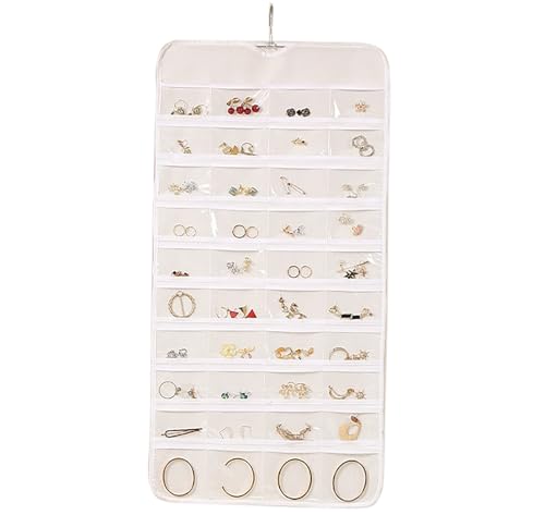Wardrobe Jewelry Storage Bag, 15.7 Inch x 32.7 Inch 80 Pockets White Cloth Hanging Hangers Transparent Grids for Necklace Organizers (white)