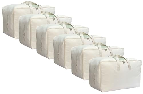 DoYiKe Soft Large Canvas Comforter Storage Bags with Four Carrying Handles and Clear Window, Closet Organizer for Clothing, Blankets Sheets Pillows and Bedding, 80L, 6 Pack, Beige - color: Beige, size: 80L - 6 Pack