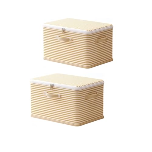 Foldable Storage Containers, Beige Striped Fabric Boxes with Lids, Stackable Closet Organizer Bins for Bedroom, Clothing Storage (Yellow, M) - color: Yellow, size: M