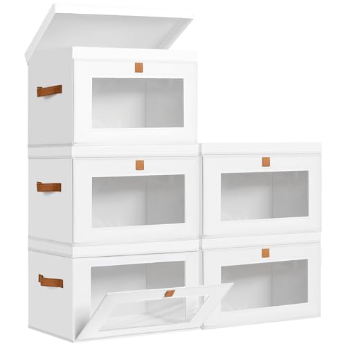DIMJ Storage Bins with Lids - 5 Pack Large Fabric Closet Organizer with Window & Handles, Collapsible Decorative Storage Boxes for Shelves Under Bed, Books Clothes Blankets Sweaters Organization - color: White, size: Large-5 Pack