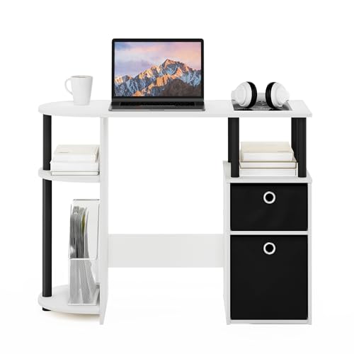 Furinno Jaya Desk, 38.4" Wide Gaming Desk with Bin Drawers, Computer Desk with Side Shelf, Office Desk for Study, Home Office, Bedroom, Dorm, Study Room, White - color: White/Black