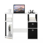 Furinno Jaya Desk, 38.4" Wide Gaming Desk with Bin Drawers, Computer Desk with Side Shelf, Office Desk for Study, Home Office, Bedroom, Dorm, Study Room, White - color: White/Black