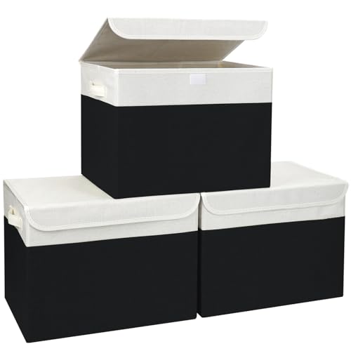 Large 17" 42 Quarts Collapsible Stackable Storage Bins with Lids [3-Pack] Foldable Fabric Linen Storage Boxes Cube, Closet Organizer Baskets with Label for Home (16.7 x 12 x 12", Black & White) - color: Black & White, size: Large - 3 Pack