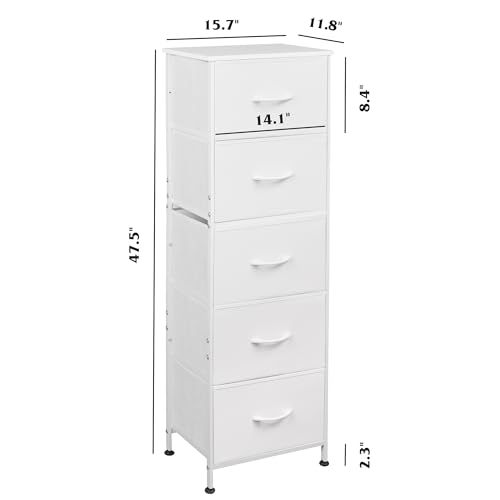 WLIVE Fabric Dresser, 5-Drawer Tall Dressers for Bedroom, Storage Dresser Organizer with Fabric Bins, Wood Top, Sturdy Steel Frame, Chest of Drawers for Closet, Hallway, White - color: White