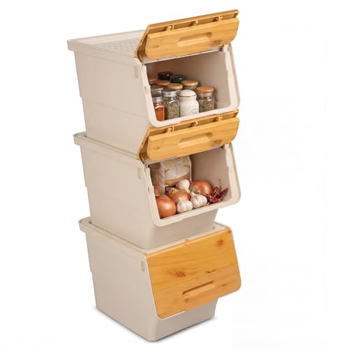 Giantex Plastic Stackable Storage Bins with Lids & Wheels, 3 Pack Open Front Stacking Bins, Organizer Bins for Pantry, Kitchen, Laundry, Closet, Playroom, Bedroom Organization (12.5 QT) - color: White + Natural, size: 3 Pack, 12.5 QT