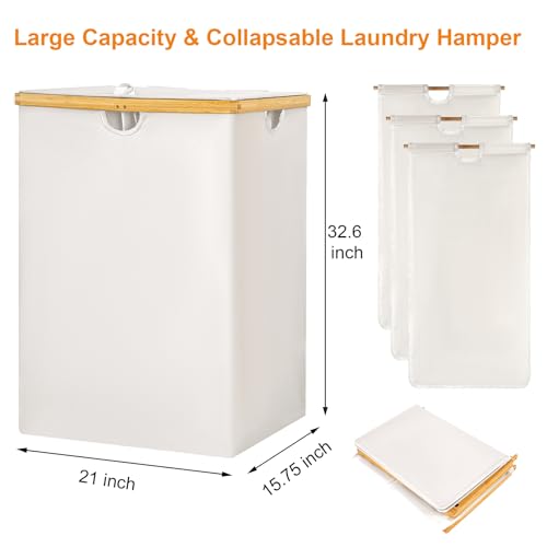 WOWLIVE 180L Laundry Hamper 3 Section, Bamboo Laundry Basket with lid, Extra Large Dirty Clothes Hamper with Removable Linner Bags, Laundry Bin Organizer Storage for Dorm Bedroom Bathroom, Beige - color: Beige, size: 180L (21.1 x 15.8 x 32.7 Inches)