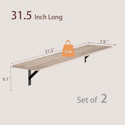 DINZI LVJ Long Wall Shelves, 31.5 Inch Wall Mounted Shelves Set of 2, Easy-to-Install, Wall Storage Ledges with Sturdy Metal Brackets for Living Room, Bathroom, Bedroom, Kitchen, Greige - color: Greige, size: 31.5 Inch