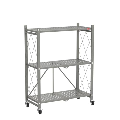 DEANIC 3 Tier Foldable Storage Shelves with Wheels, Kitchen Appliance Stand, Freestanding Metal Wire Shelf Rack, No Assembly Organizer Rolling Cart for Garage, Basement, Pantry(Grey) - color: Grey