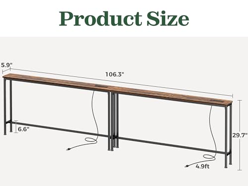 SUPERJARE 106.3 Inch Sofa Table with Power Outlets and USB-C Ports, 5.9 Inch Narrow Console Tables, Entryway Hallway Couch Tables with Storage, Behind Sofa, Small Spaces, Living Room, Rustic Brown - color: Rustic Brown, size: 5.9''D x 106.3''W x 29.7''H