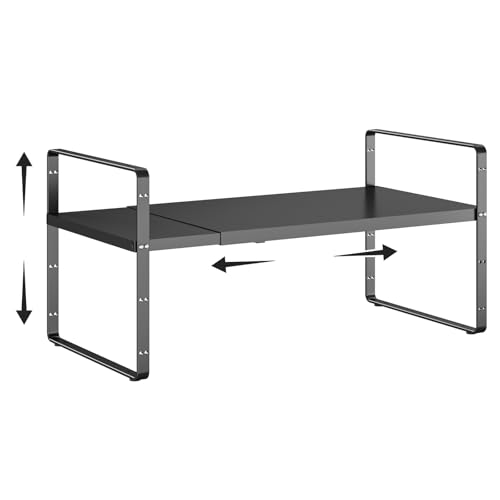 16.5-27’’L Expandable Cabinet Shelf Organizers, Stackable Metal Shelves Extender for Kitchen Countertop Storage, Adjustable Spices Shelves Rack Stand for Cupboard Pantry, Black - size: 1Pack-Common-8''Wx(16.5-27'')Lx9.6''H-Black