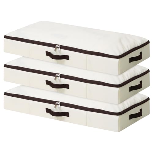 AMJ 3 Pack 4inch Underbed Storage Bins, Under Bed Storage Containers with Zippers for Blanket, Pillows, Comforters & Quilts, Beige - color: Beige, 3PCS
