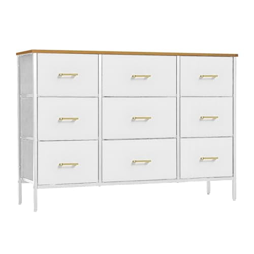 VASICAR Wide TV Stand Modern TV Console, 9 Drawers Dresser for Bedroom, Fabric Storage Cabinet, Chest of Drawers for Closet, Nursery, Living Room（Classic White） - color: White-retro Top